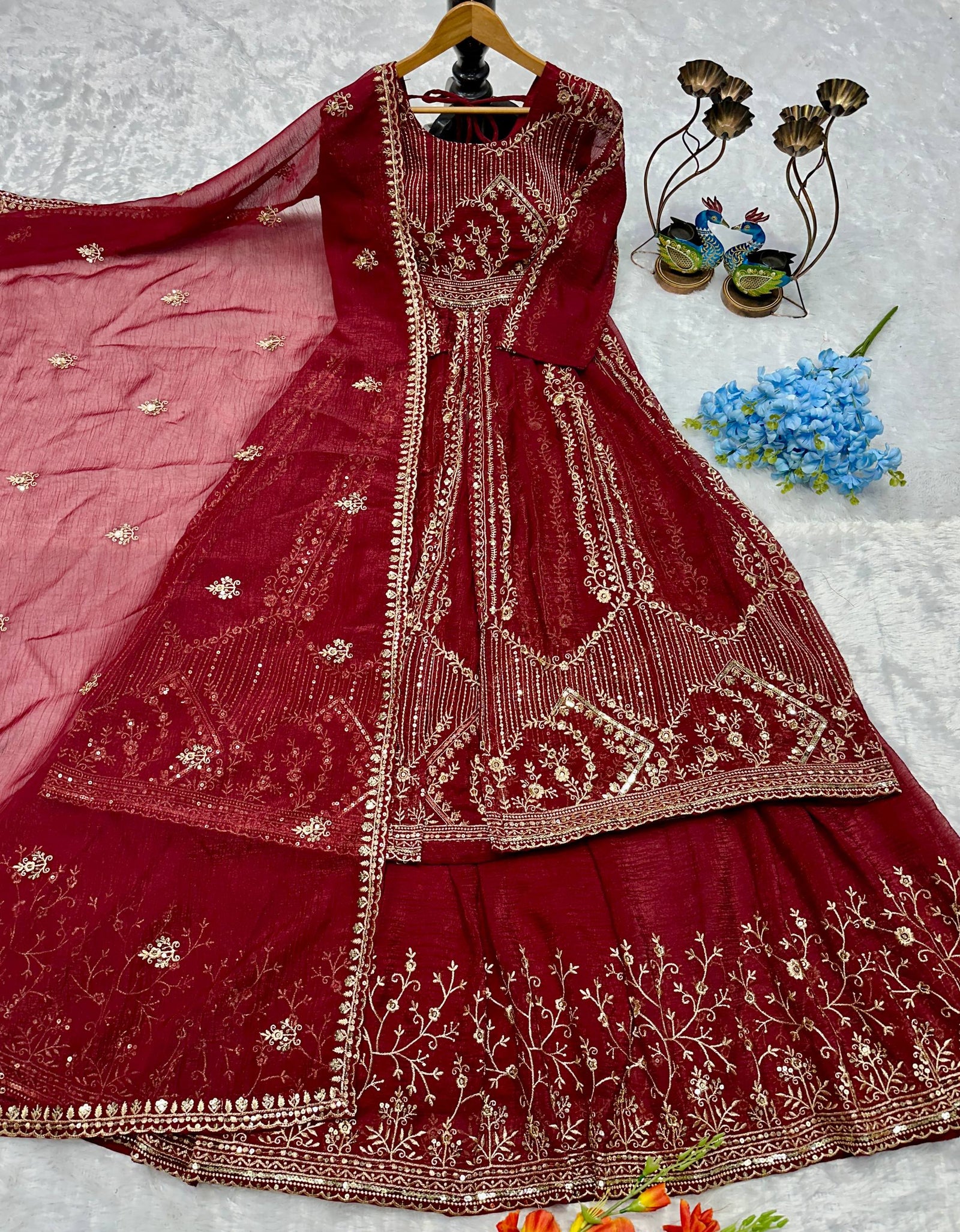 Designer Heavy Crunchi Silk with Embroidery Work Gown Lehenga mahezon