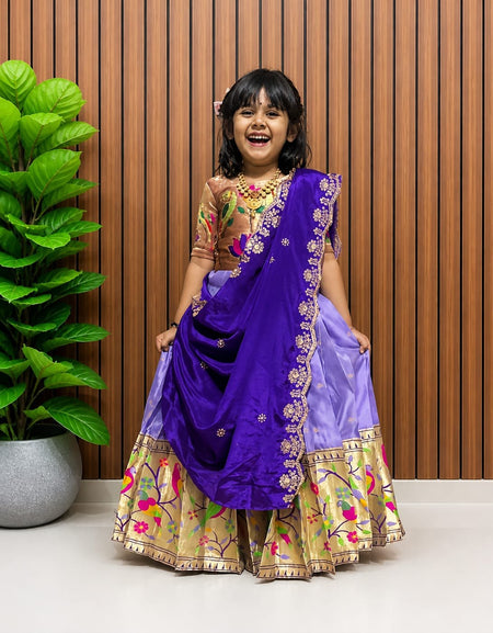 Premium Traditional Mother Daughter Matching Paithani Silk Lehenga Choli Set - Lavender & Royal Blue Combo