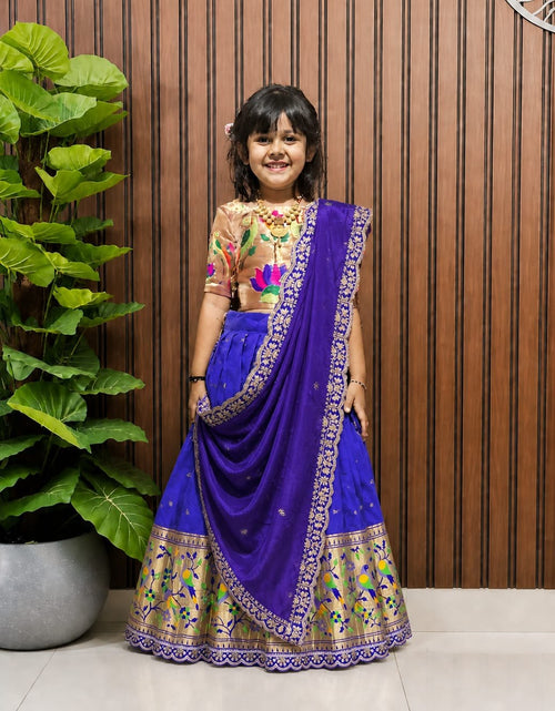 Load image into Gallery viewer, Premium Traditional Mother Daughter Matching Paithani Silk Lehenga Choli Set - Lavender &amp; Royal Blue Combo
