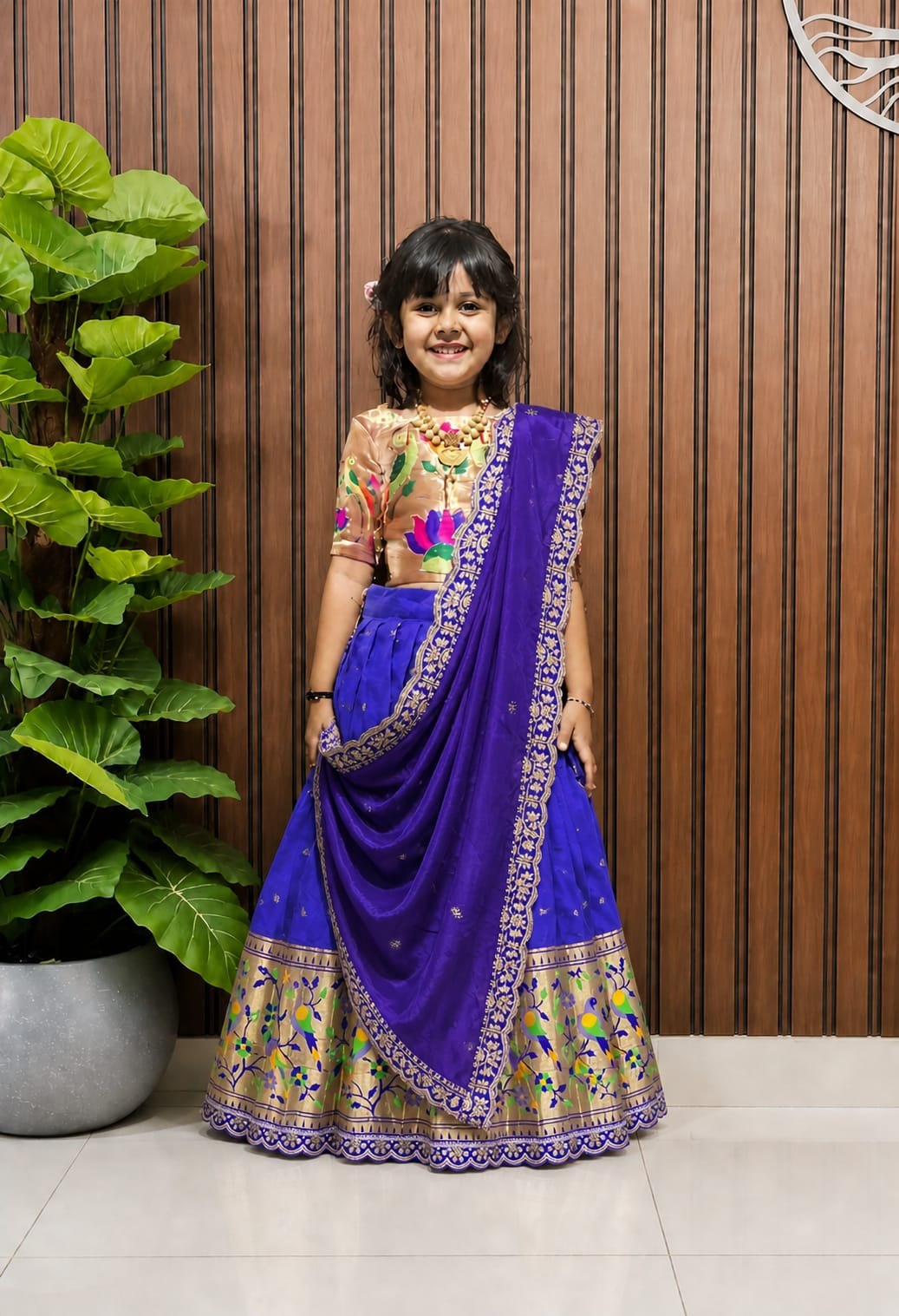 Premium Traditional Mother Daughter Matching Paithani Silk Lehenga Choli Set - Lavender & Royal Blue Combo