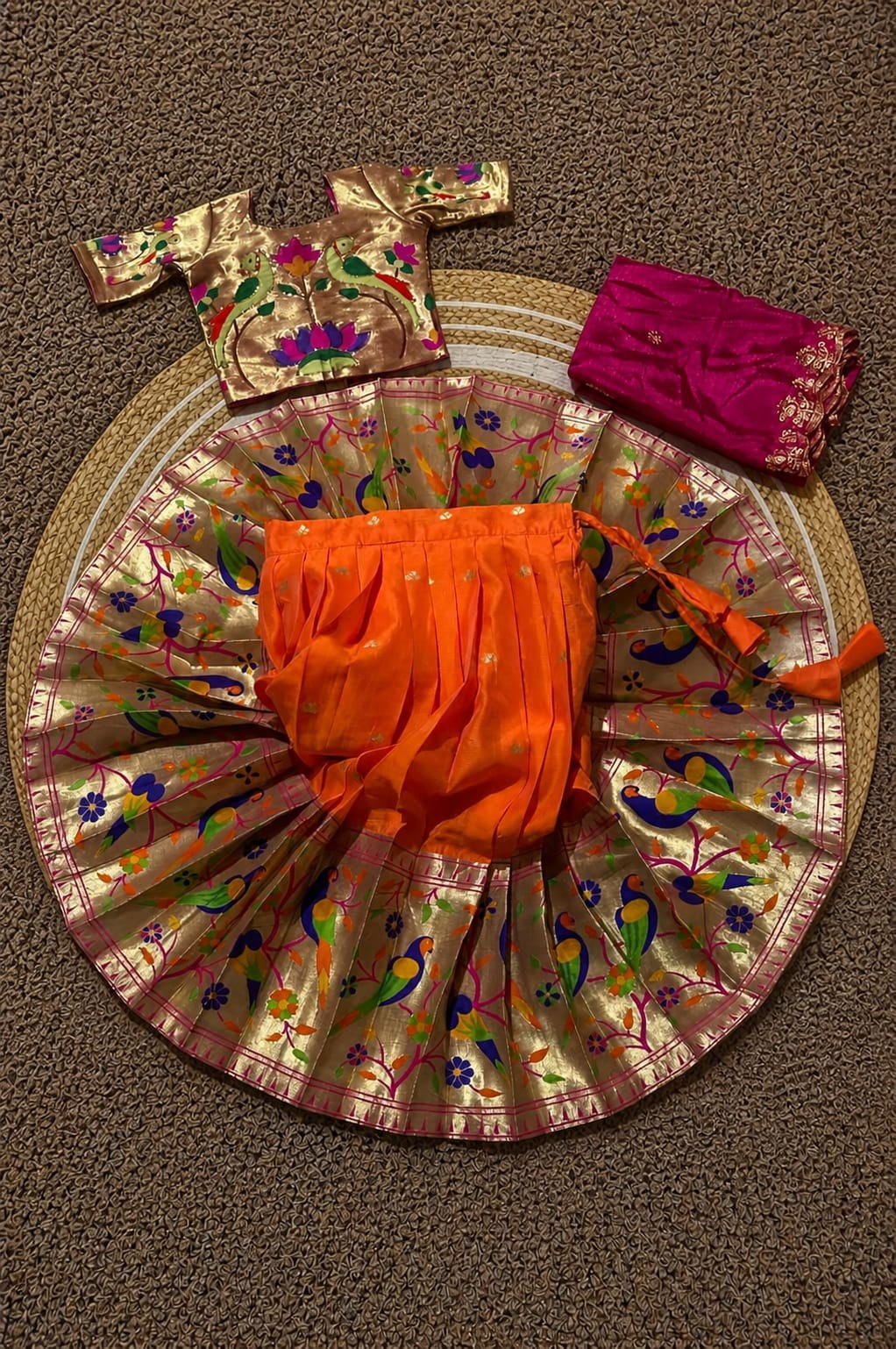 Premium Traditional Mother Daughter Matching Paithani Silk Lehenga Choli Set - Orange & Pink Combo