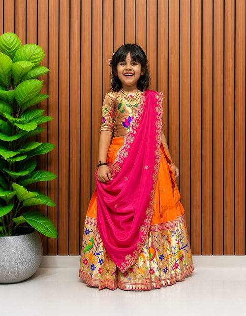 Load image into Gallery viewer, Premium Traditional Mother Daughter Matching Paithani Silk Lehenga Choli Set - Orange &amp; Pink Combo
