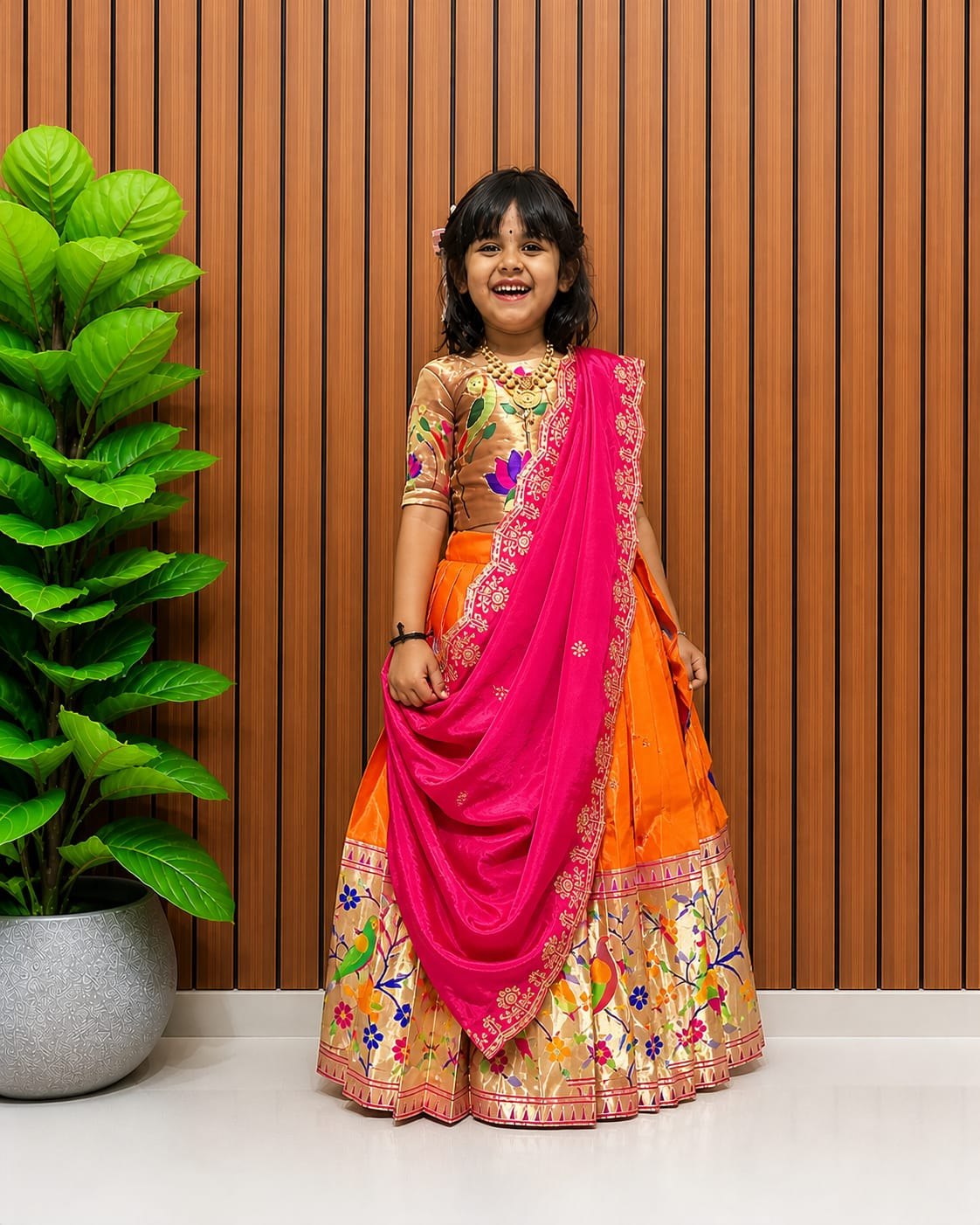 Premium Traditional Mother Daughter Matching Paithani Silk Lehenga Choli Set - Orange & Pink Combo