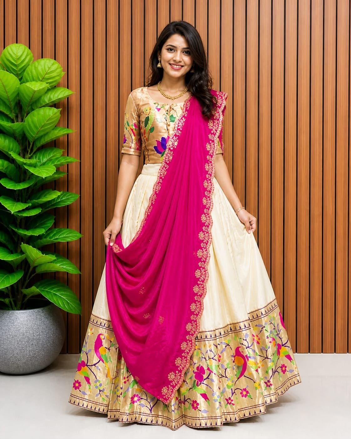 Premium Traditional Mother Daughter Matching Paithani Silk Lehenga Choli Set - Cream & Pink Combo