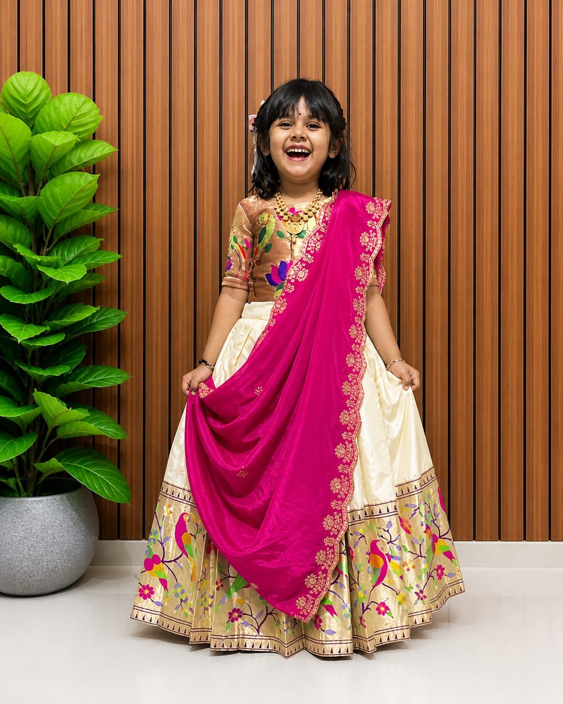 Premium Traditional Mother Daughter Matching Paithani Silk Lehenga Choli Set - Cream & Pink Combo