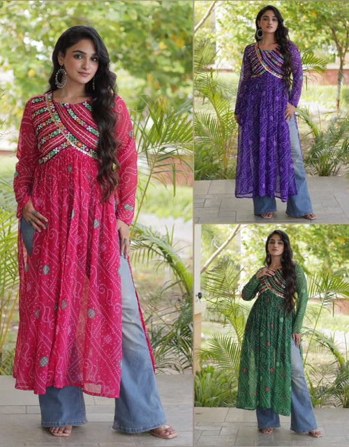Load image into Gallery viewer, Navratri Garba Women's Bandhani Print Georgette Flared Kurta with Embroidered Bodice
