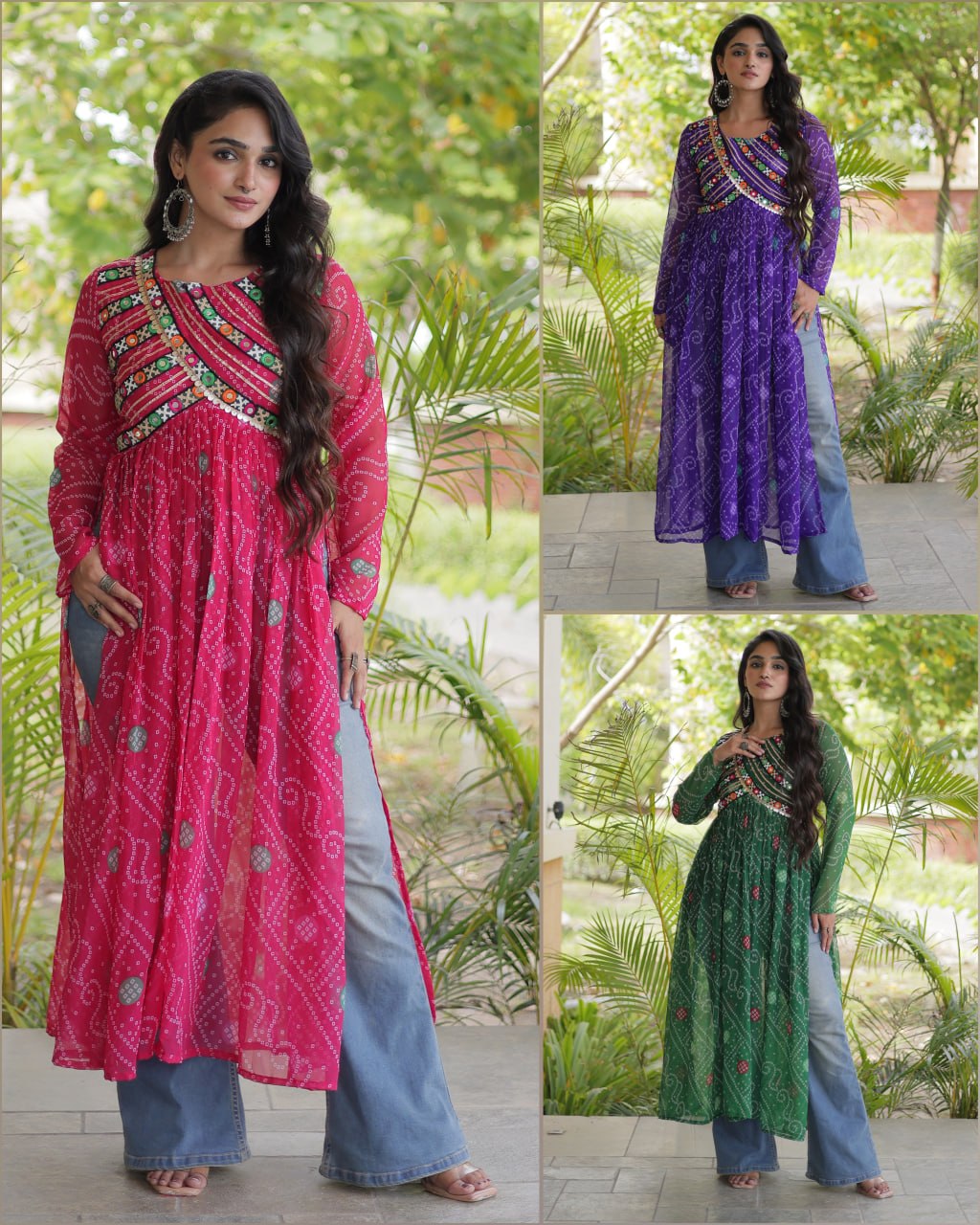 Navratri Garba Women's Bandhani Print Georgette Flared Kurta with Embroidered Bodice