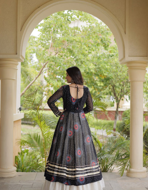Load image into Gallery viewer, Navratri  Garba Traditional Black Bandhani Print Long Kurti with Kutchi Patchwork Kora Cotton Lehenga Set
