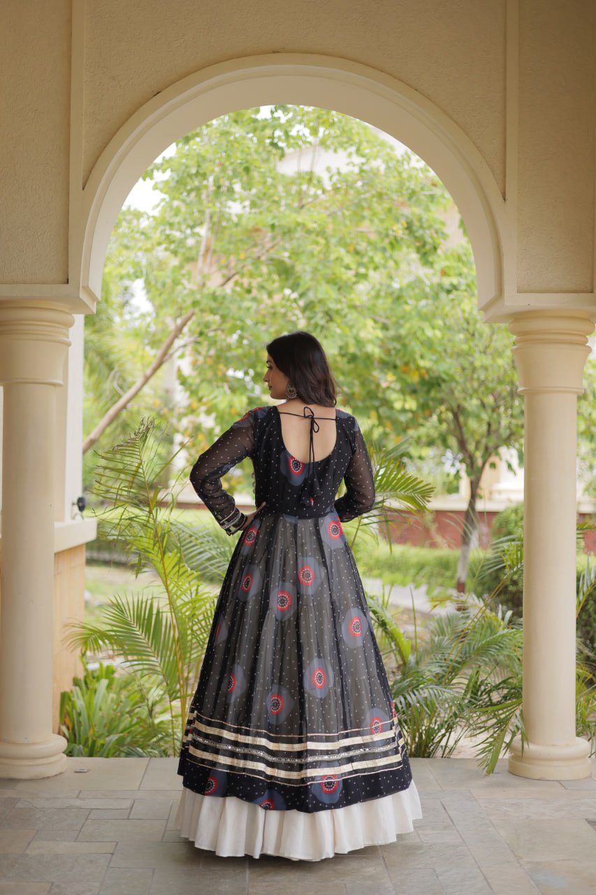 Navratri  Garba Traditional Black Bandhani Print Long Kurti with Kutchi Patchwork Kora Cotton Lehenga Set