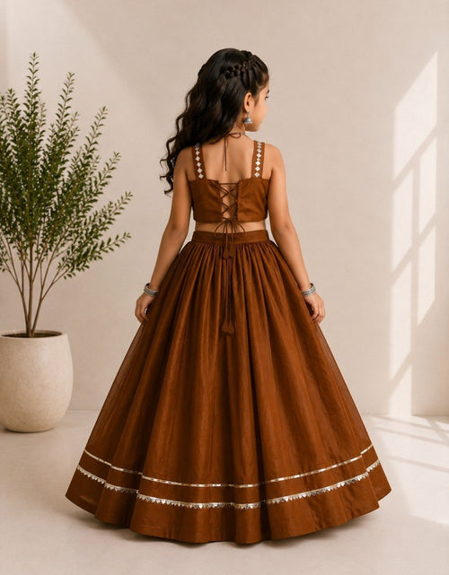 Load image into Gallery viewer, Girls Brown Embroidered Navratri Special Lehenga Choli Set (Copy) mahezon
