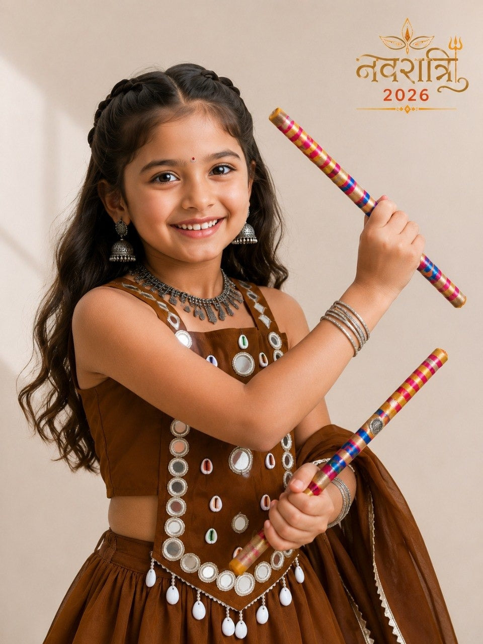 Girls Brown Embroidered Navratri Special Lehenga Choli Set (Copy) mahezon