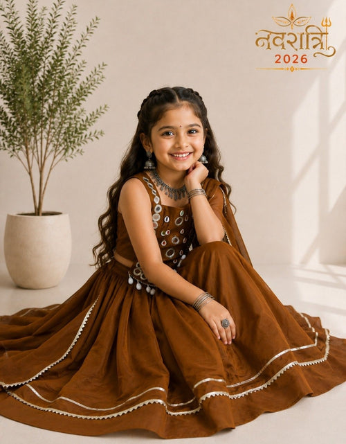 Load image into Gallery viewer, Girls Brown Embroidered Navratri Special Lehenga Choli Set (Copy) mahezon
