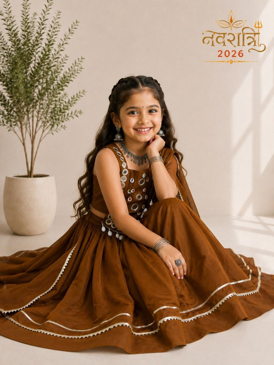 Girls Brown Embroidered Navratri Special Lehenga Choli Set (Copy) mahezon