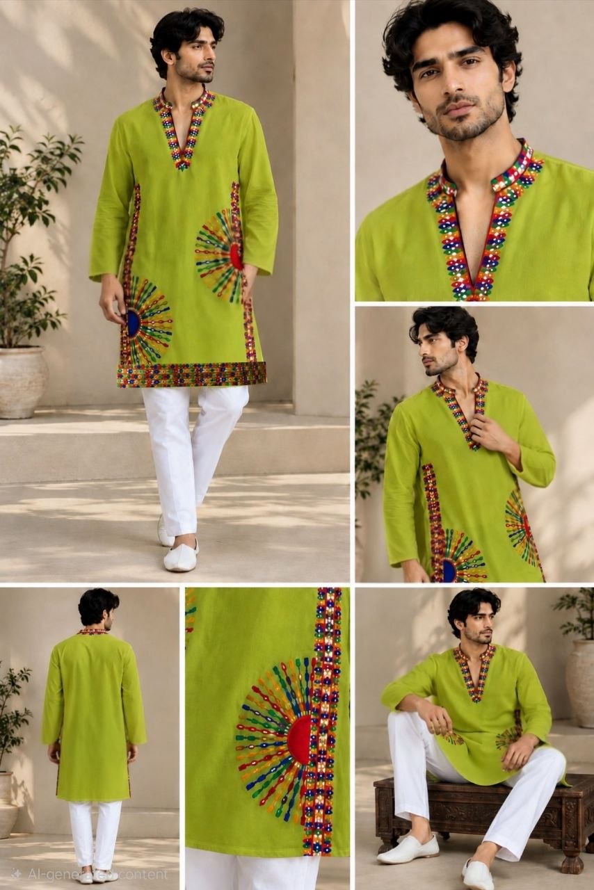 Men's Navratri Special Kurta Pajama with Vibrant Gujarati Mirror Work mahezon