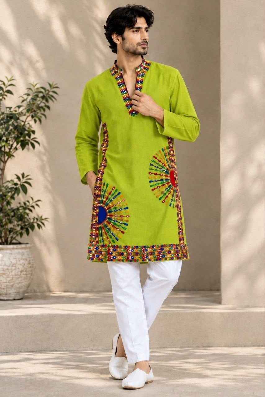 Men's Navratri Special Kurta Pajama with Vibrant Gujarati Mirror Work mahezon