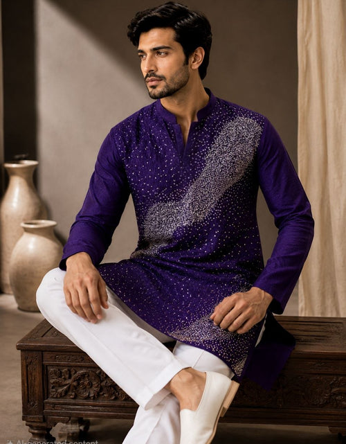 Load image into Gallery viewer, Festive Men’s Royal Purple Premium Embroidered Kurta Pajama Set
