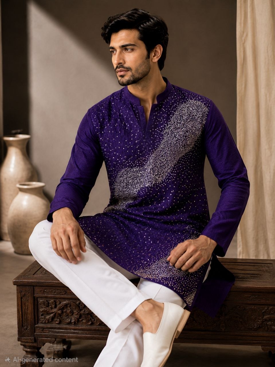 Festive Men’s Royal Purple Premium Embroidered Kurta Pajama Set