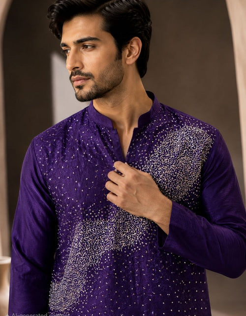 Load image into Gallery viewer, Festive Men’s Royal Purple Premium Embroidered Kurta Pajama Set
