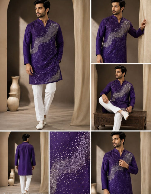 Load image into Gallery viewer, Festive Men’s Royal Purple Premium Embroidered Kurta Pajama Set
