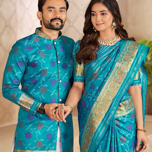 Matching Couple's Festive Silk Set - Blue Saree & Kurta Combo