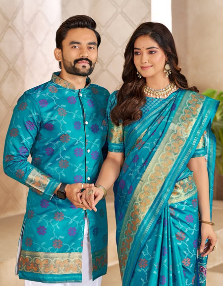 Matching Couple's Festive Silk Set - Blue Saree & Kurta Combo