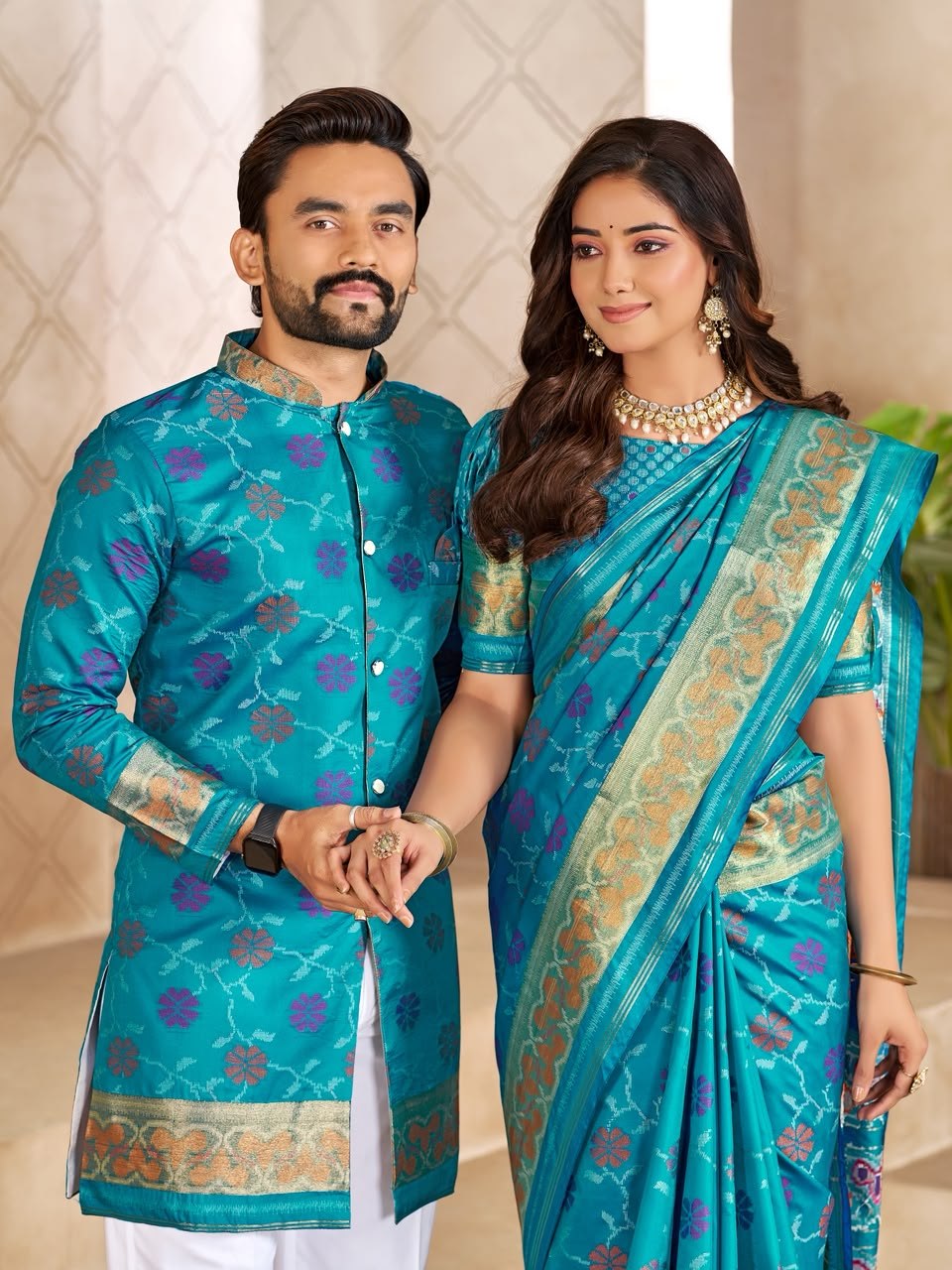Matching Couple's Festive Silk Set - Blue Saree & Kurta Combo