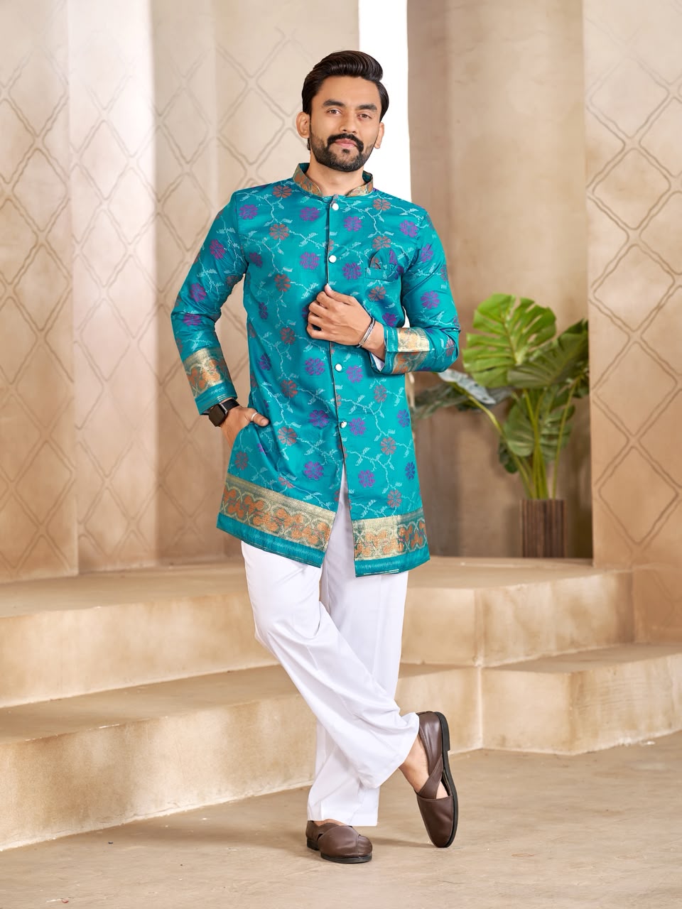 Matching Couple's Festive Silk Set - Blue Saree & Kurta Combo