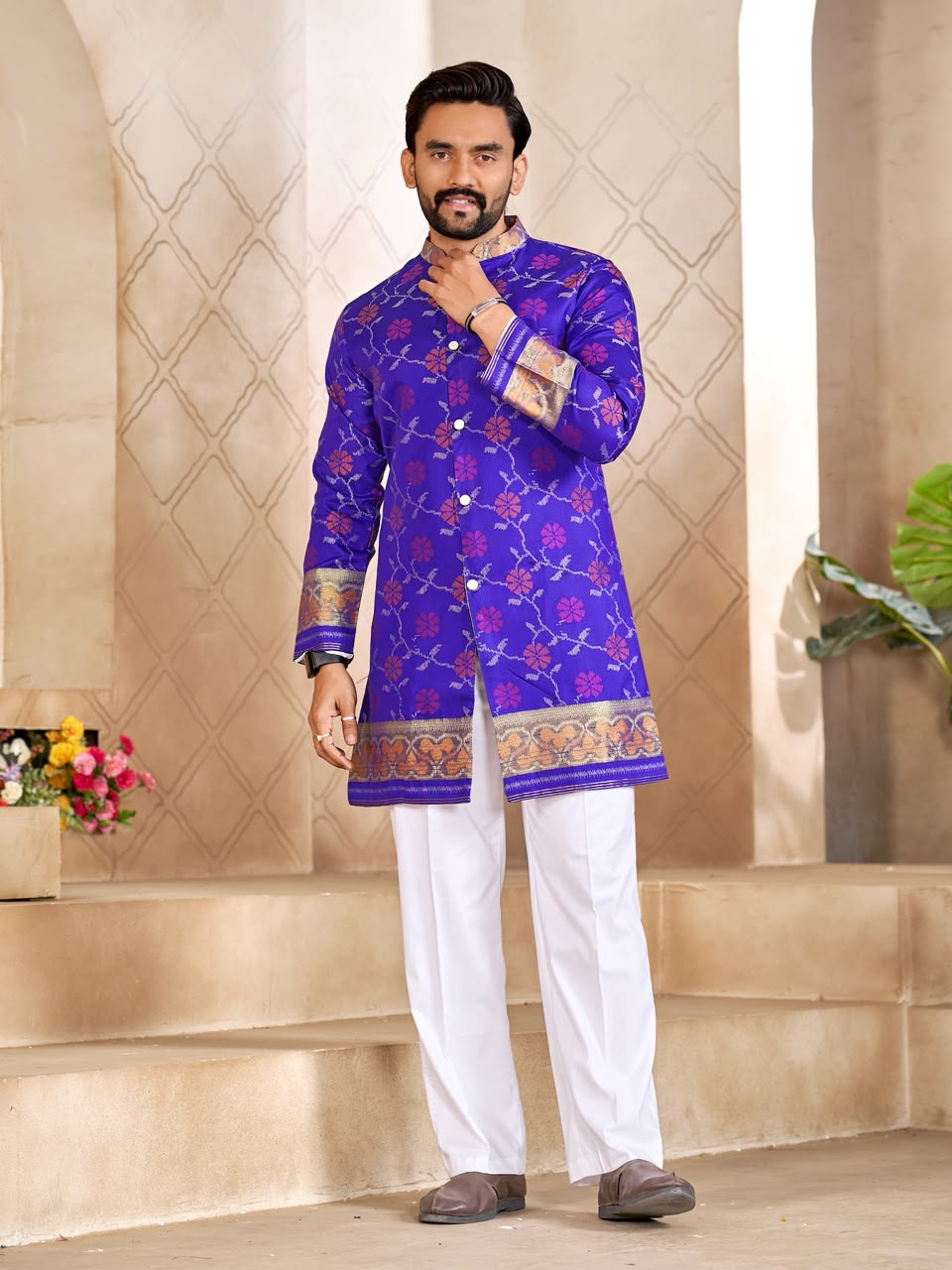 Matching Couple's Festive Silk Set - Purple Saree & Kurta Combo