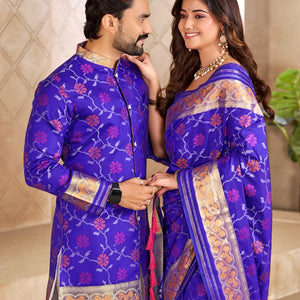 Matching Couple's Festive Silk Set - Purple Saree & Kurta Combo