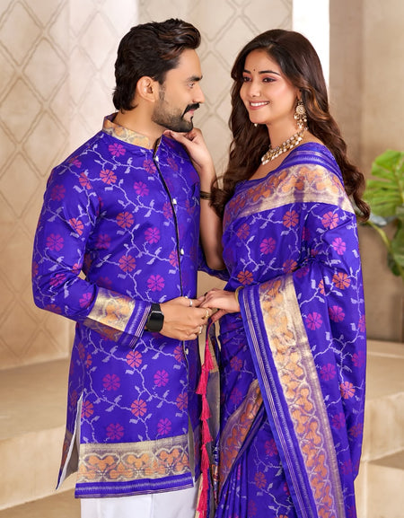 Matching Couple's Festive Silk Set - Purple Saree & Kurta Combo
