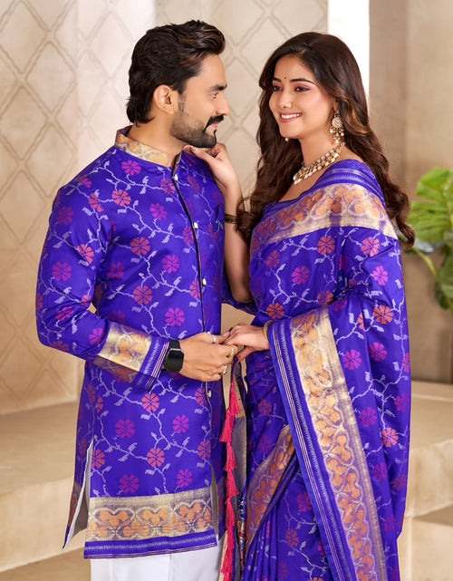 Load image into Gallery viewer, Matching Couple's Festive Silk Set - Purple Saree &amp; Kurta Combo
