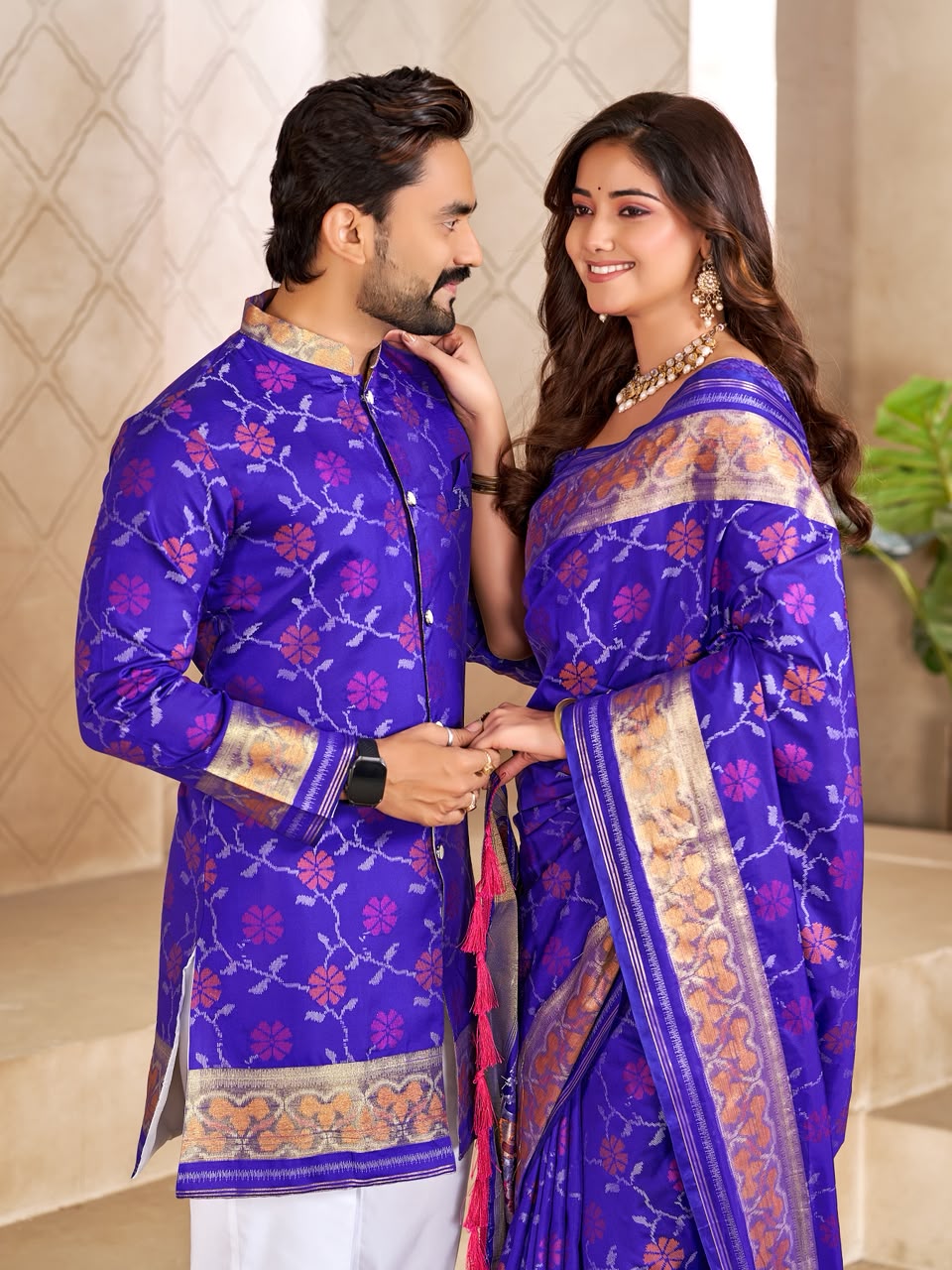 Matching Couple's Festive Silk Set - Purple Saree & Kurta Combo