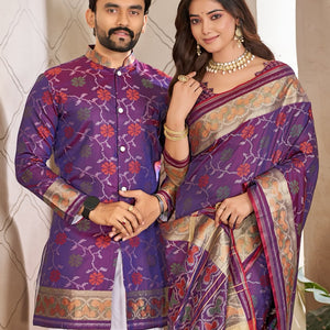 Matching Couple's Festive Silk Set - Light Purple Saree & Kurta Combo mahezon