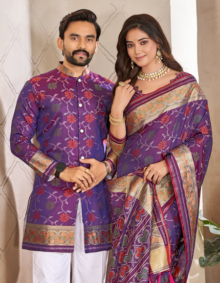 Matching Couple's Festive Silk Set - Light Purple Saree & Kurta Combo mahezon