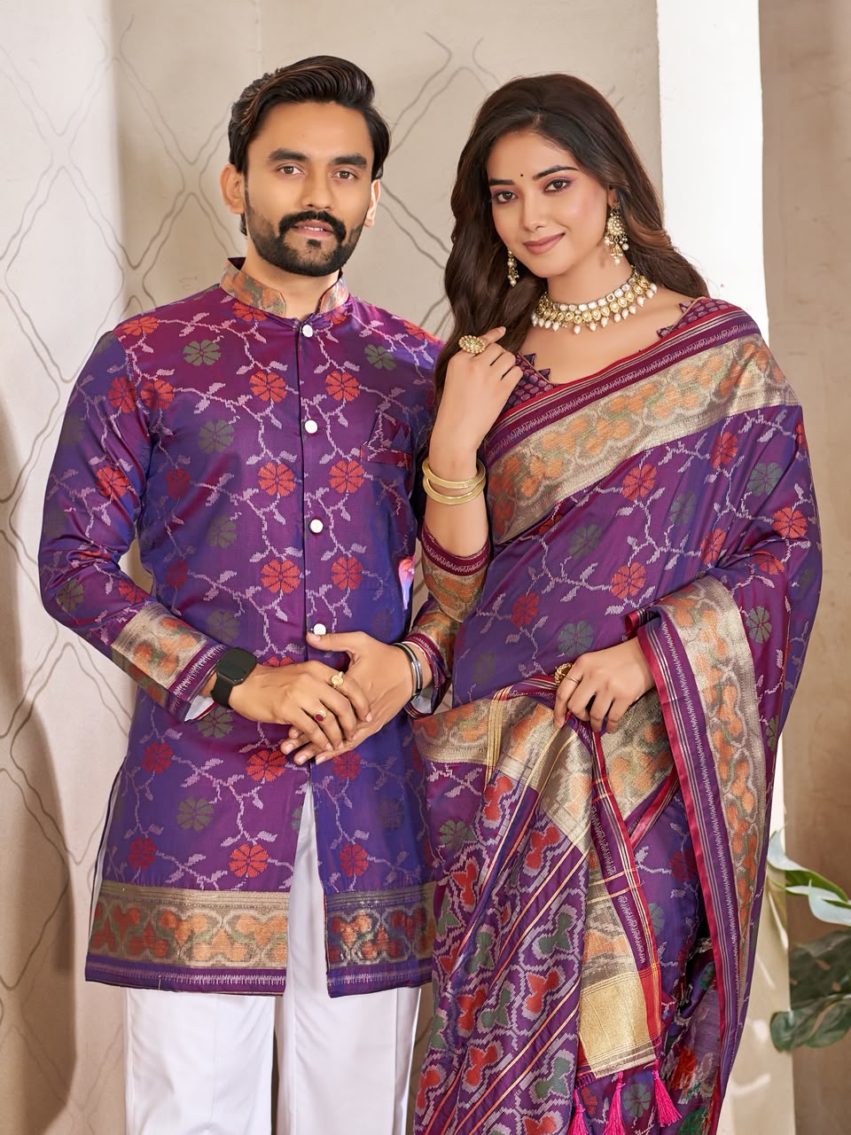 Matching Couple's Festive Silk Set - Light Purple Saree & Kurta Combo mahezon