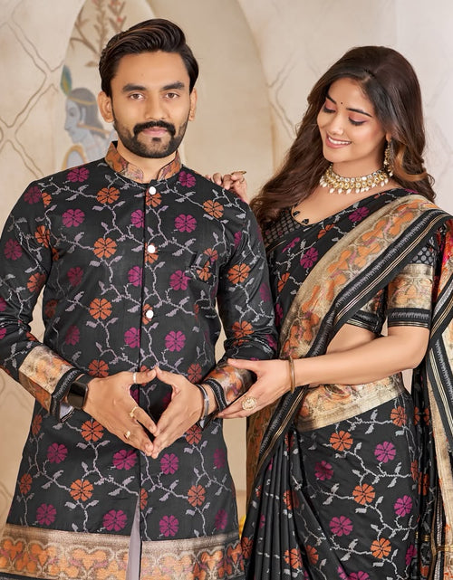 Load image into Gallery viewer, Matching Couple's Festive Silk Set - Black Saree &amp; Kurta Combo
