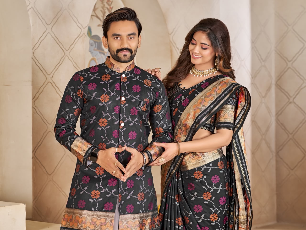 Matching Couple's Festive Silk Set - Black Saree & Kurta Combo