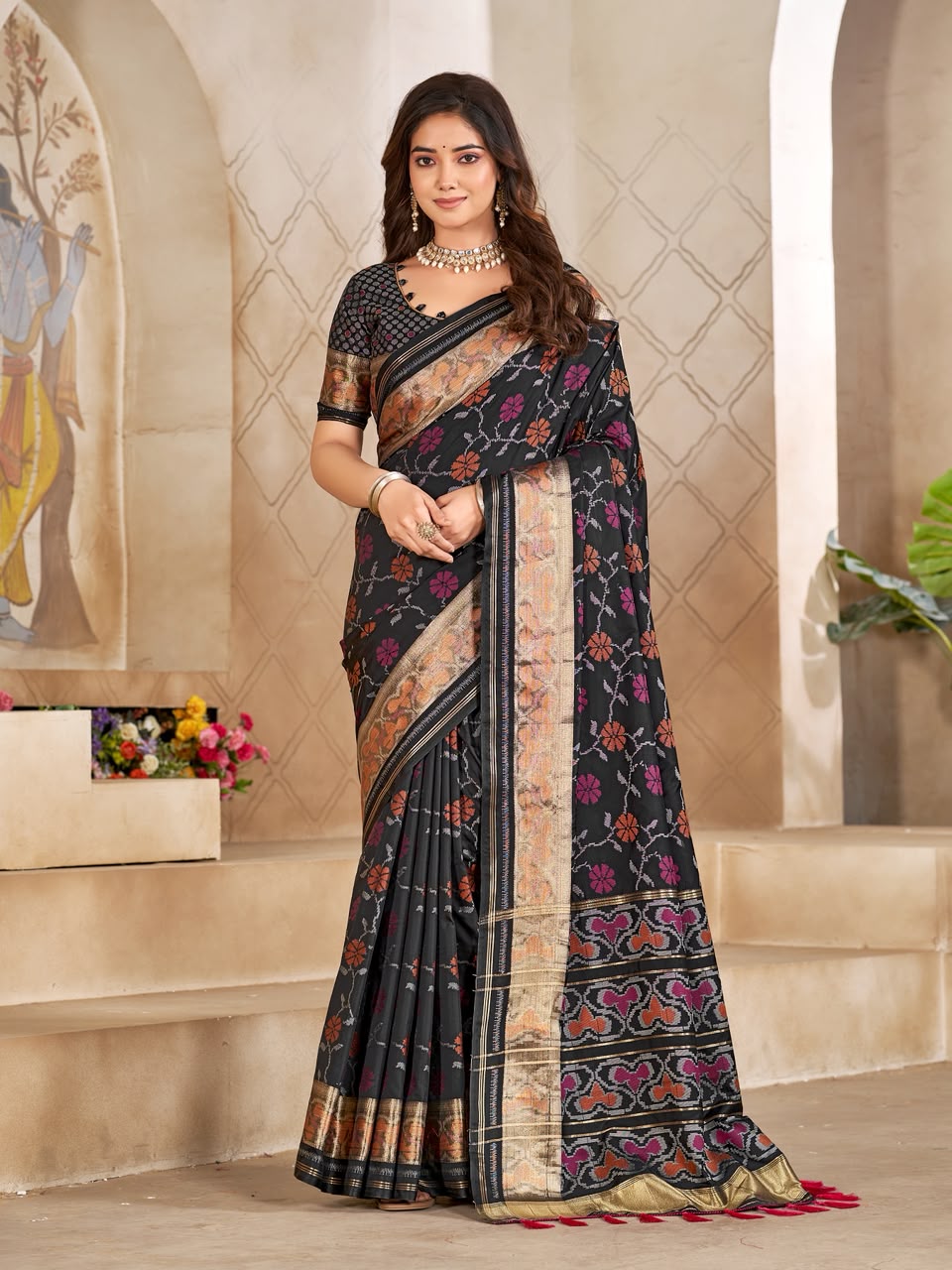 Matching Couple's Festive Silk Set - Black Saree & Kurta Combo