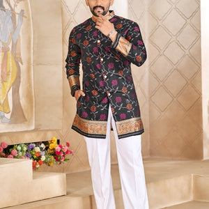 Matching Couple's Festive Silk Set - Black Saree & Kurta Combo