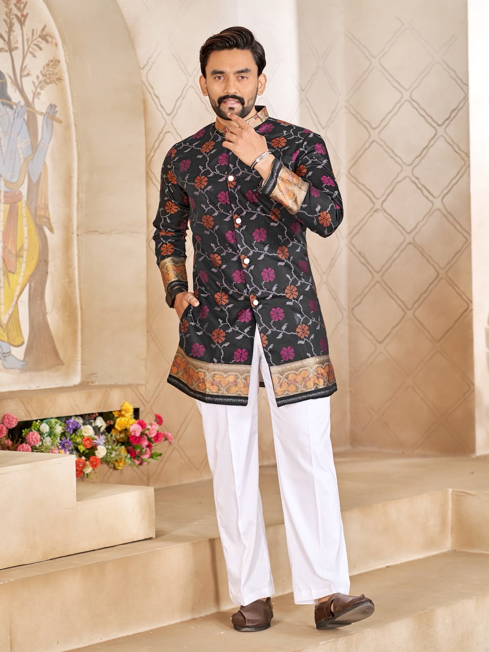 Matching Couple's Festive Silk Set - Black Saree & Kurta Combo