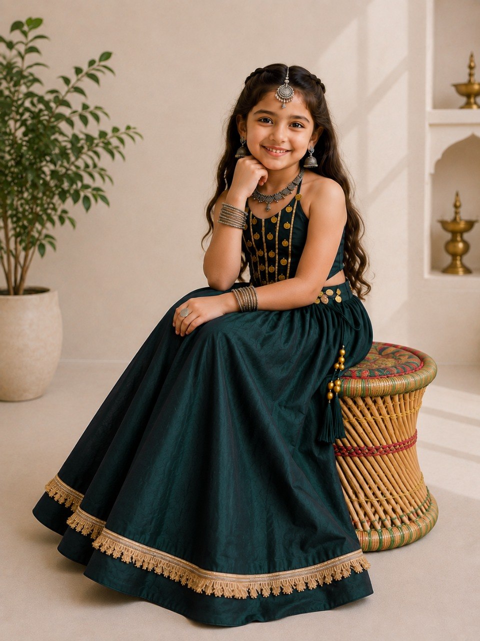 Girls Blue Embroidered Navratri Special Lehenga Choli Set