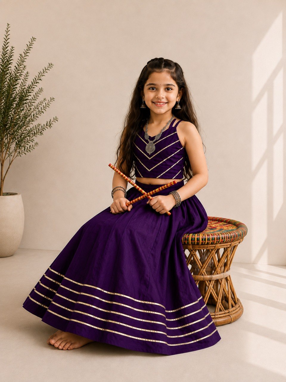 Girls Purple Embroidered Navratri Special Lehenga Choli Set