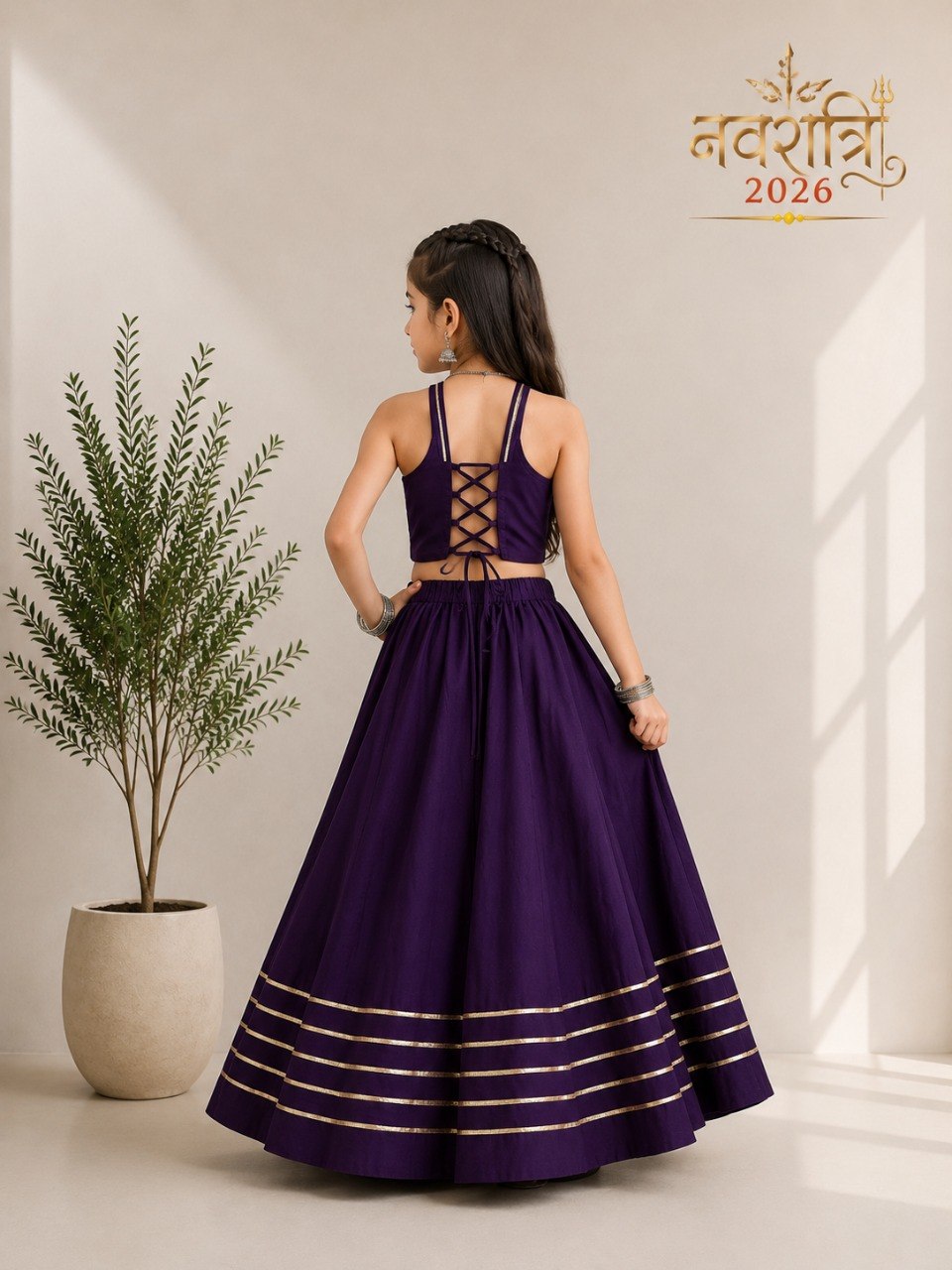Girls Purple Embroidered Navratri Special Lehenga Choli Set