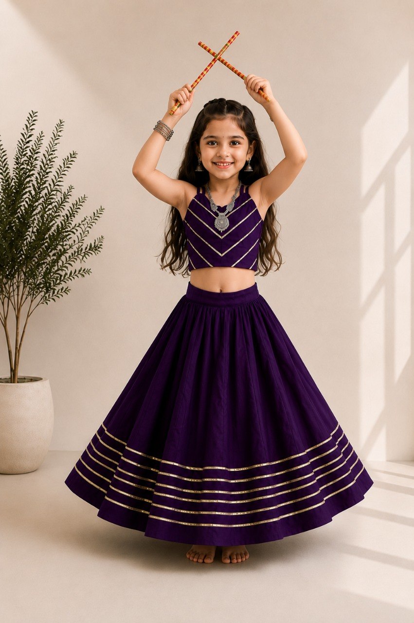 Girls Purple Embroidered Navratri Special Lehenga Choli Set