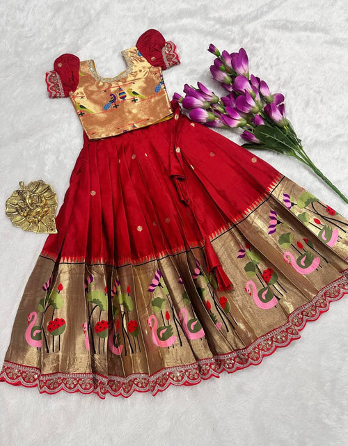 Load image into Gallery viewer, Traditional Festive Paithani Kids Silk Pattu Pavadai Lehenga Choli – Style Pattu Langa Voni For Girls
