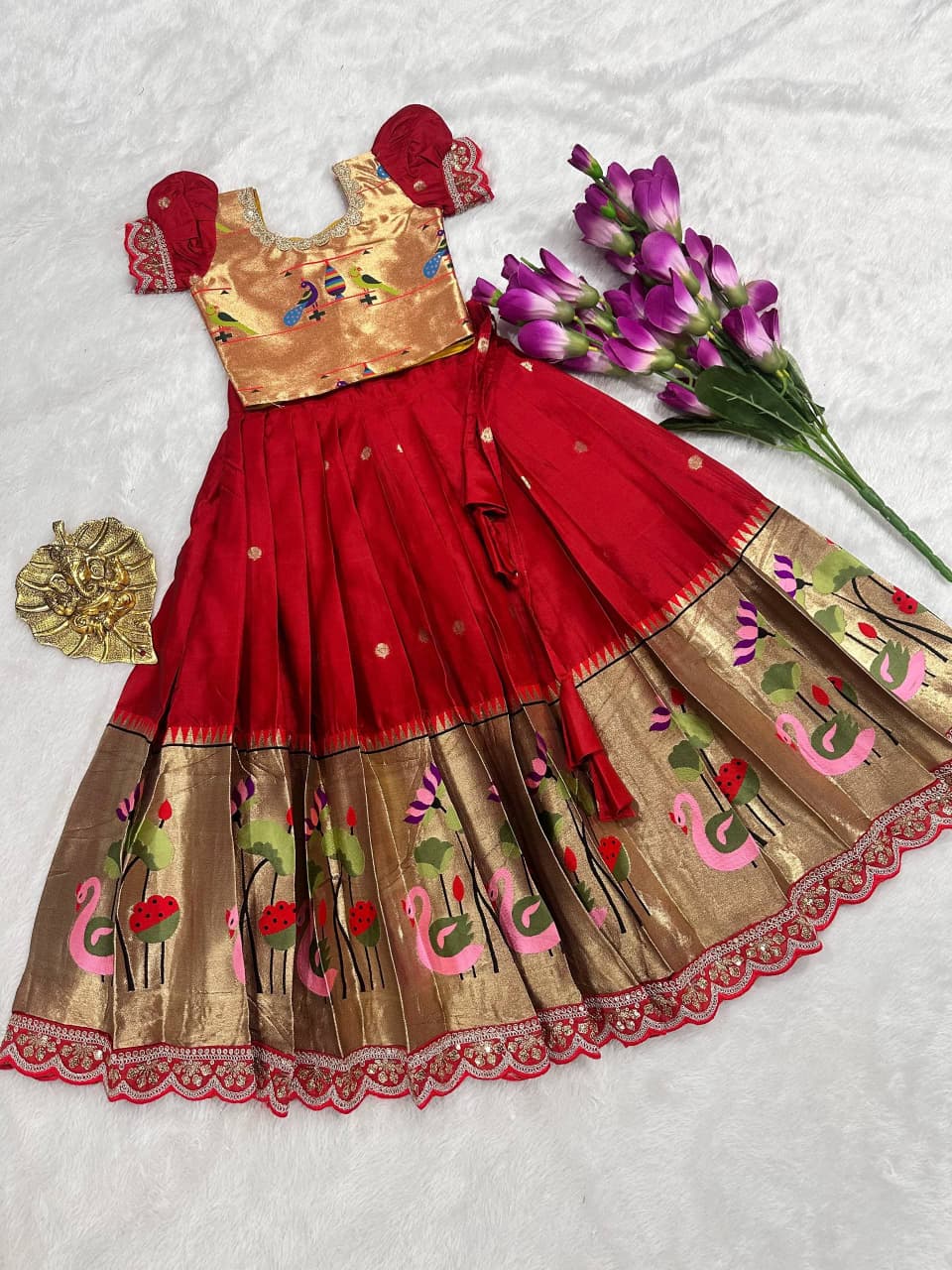 Traditional Festive Paithani Kids Silk Pattu Pavadai Lehenga Choli – Style Pattu Langa Voni For Girls