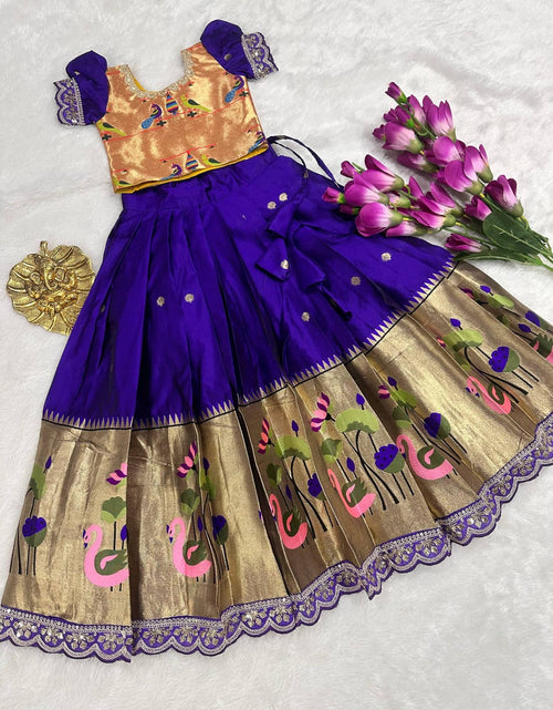 Load image into Gallery viewer, Traditional Festive Paithani Kids Silk Pattu Pavadai Lehenga Choli – Style Pattu Langa Voni For Girls

