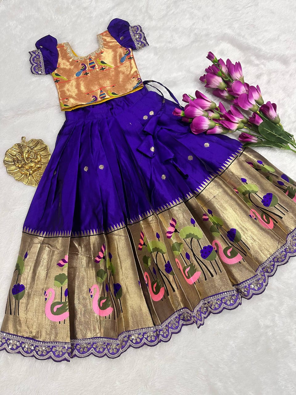 Traditional Festive Paithani Kids Silk Pattu Pavadai Lehenga Choli – Style Pattu Langa Voni For Girls