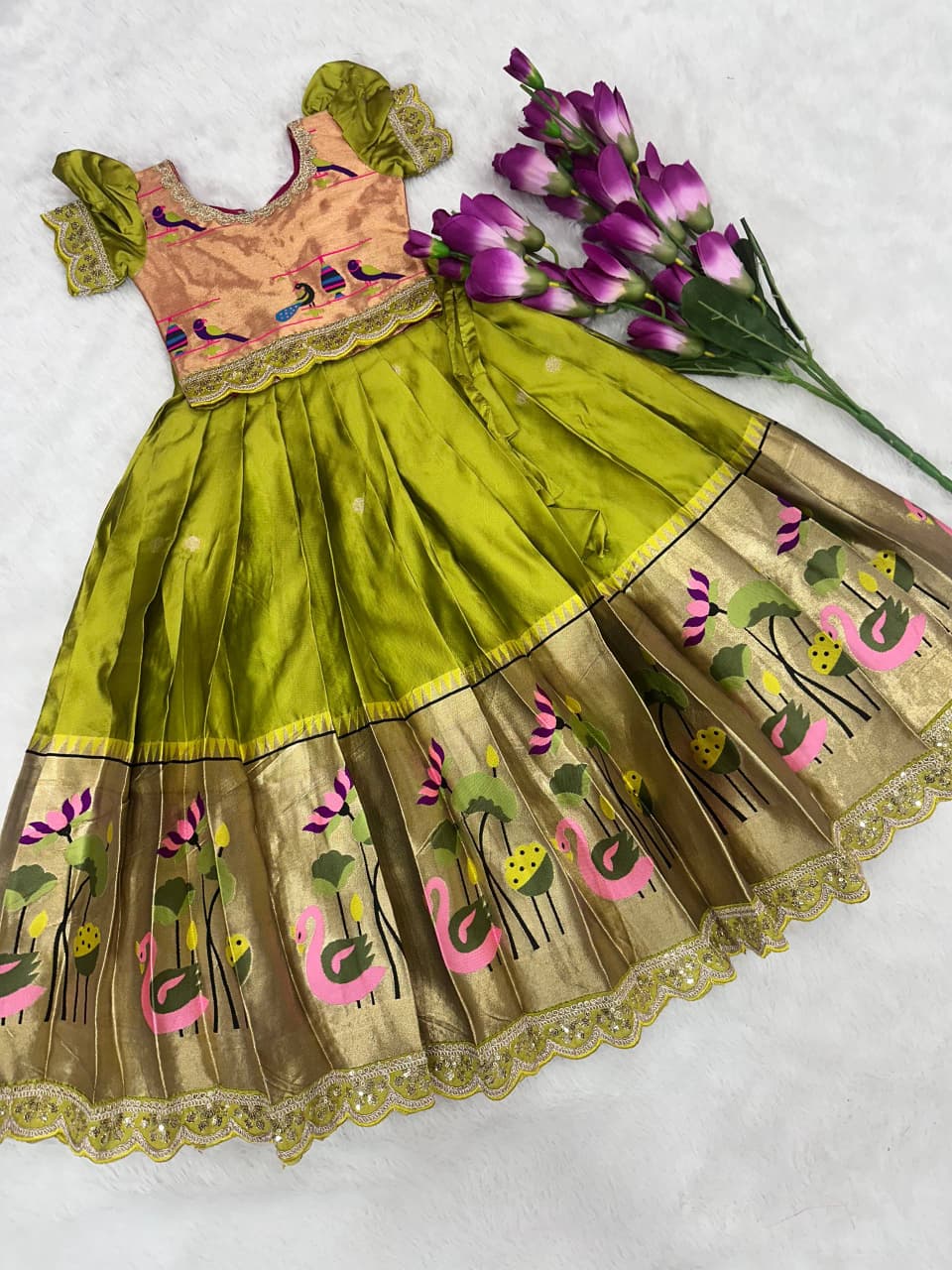 Traditional Festive Paithani Kids Silk Pattu Pavadai Lehenga Choli – Style Pattu Langa Voni For Girls
