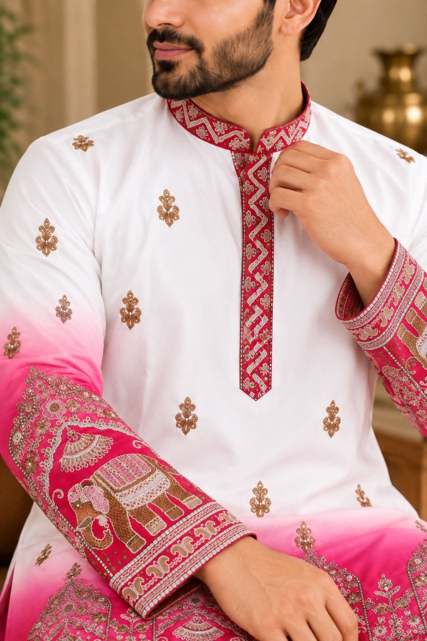 Festive Pink Embroidered Men's Kurta Pajama Set